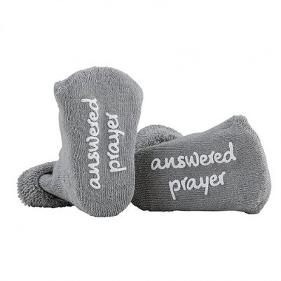 inspirational baby socks - Answered Prayer - Grey